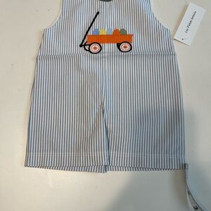 Easter Kids Blue Striped Romper with Embroidered Eggs in Wagon Design